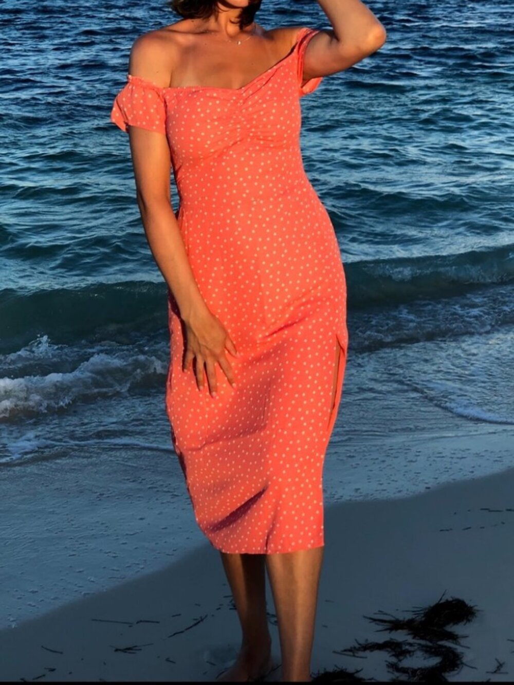 Abercrombie & Fitch Coral Polka Dot Off The Shoulder Midi Dress
